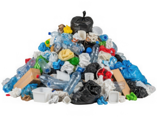 A large pile of mixed waste, including plastic bottles, bags, and crumpled paper, signifying pollution and recycling. isolated on transparent background