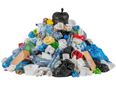 A large pile of mixed waste, including plastic bottles, bags, and crumpled paper, signifying pollution and recycling. isolated on transparent background