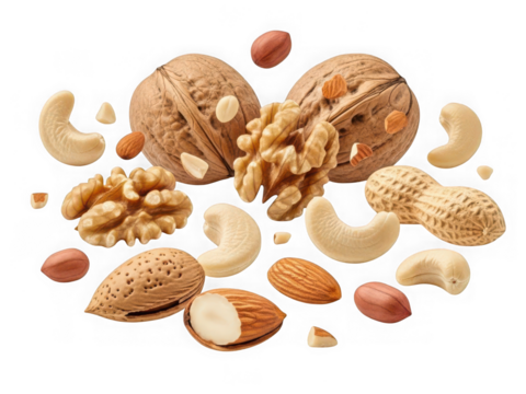 Assorted healthy nuts and seeds including walnuts, cashews, almonds, and peanuts for a balanced diet. isolated on transparent background