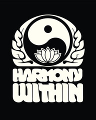 Yin and yang symbol entwined with lotus and leaves spells harmony within