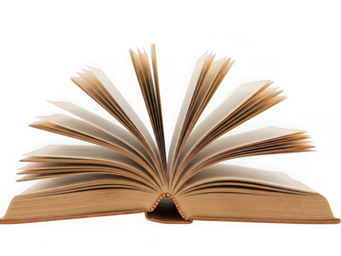 An open antique book with aged, yellowed pages fanned out, isolated on a pure white background, evoking knowledge and history. isolated on transparent background