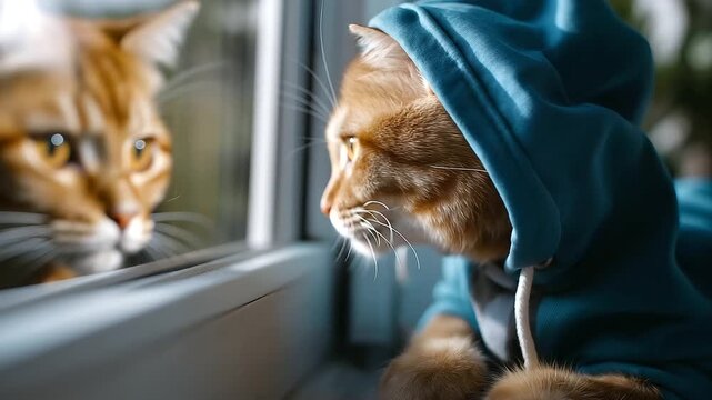 Faceless cat sitting on a windowsill in a hoodie, interior crisp and warm, exterior view intentionally blurred to reveal only the suggestion of a sleigh in motion, cinematic softne