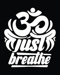 White Om symbol above just breathe text on a black background provides peace