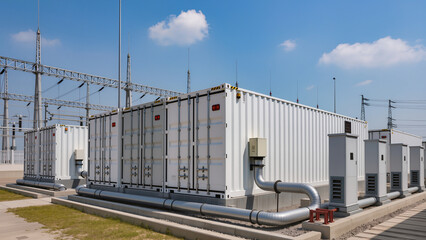 Obraz premium Group of energy storage systems or battery container units