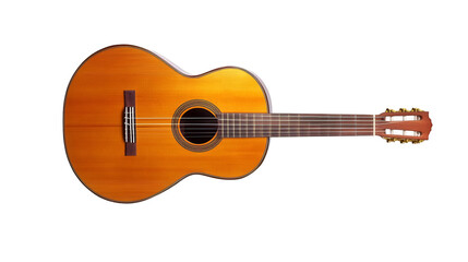 A classic wooden acoustic guitar with six strings, featuring a warm amber finish and intricate rosette detail, isolated on transparent background