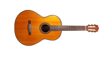 A classic wooden acoustic guitar with six strings, featuring a warm amber finish and intricate rosette detail, isolated on transparent background
