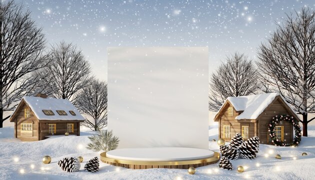 Winter wonderland showcase featuring snowy cabins and pine trees serene outdoor setting high-quality 3d render peaceful atmosphere magical holiday vibes
