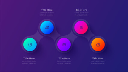 Dark Gradient Process Circles Infographic. Modern Vector Flow Diagram for Business Workflow and Corporate Data Visualization with 5 Steps or Options