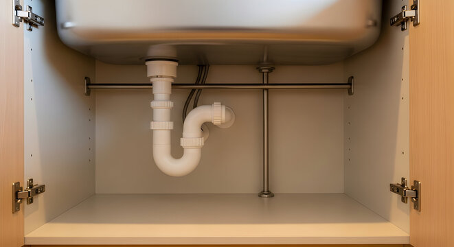 Clean Under Sink Plumbing System with U Bend in Kitchen Cabinet for Water Drainage and Maintenance Inspection ensuring Home Hygiene and Functionality for Daily Life 180chars