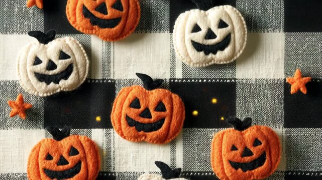 フェルト素材で仕上げたかぼちゃとコウモリのチェック柄