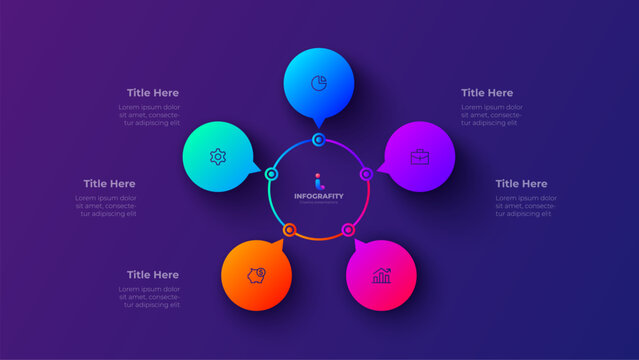 5 Steps circular workflow infographic diagram. Colorful neon vector business process wheel for planning presentation