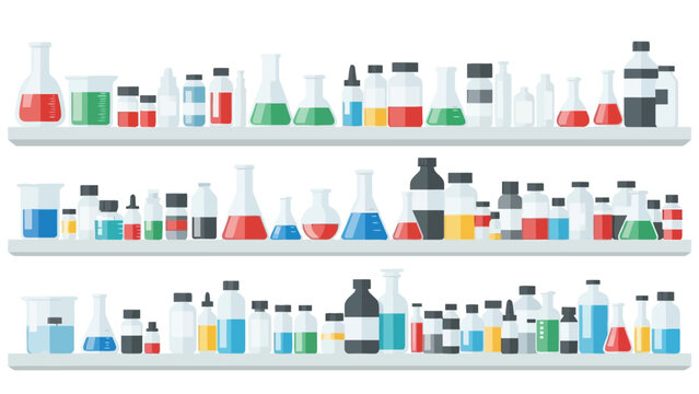 A collection of laboratory glassware and bottles on shelves