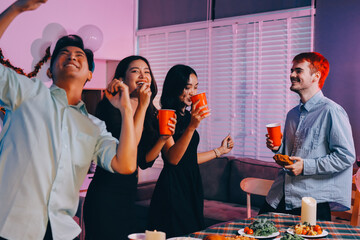 Diversity, dinner and group of people toast celebration together at party. Friends, happy and celebrate with food, wine and friendship for love, support and cheers champagne at business function