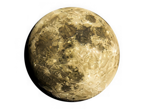 Detailed view of the textured surface of jupiter's moon io, a celestial body with complex geological formations and volcanic activity. isolated on transparent background