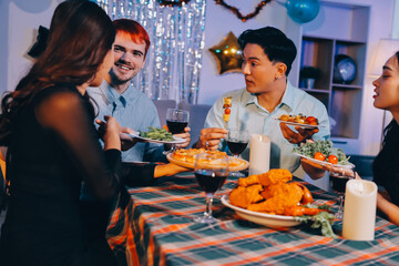 Diversity, dinner and group of people toast celebration together at party. Friends, happy and celebrate with food, wine and friendship for love, support and cheers champagne at business function