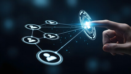 Human finger touching digital interface representing network connections and social media