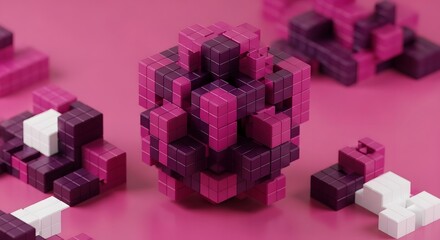Dynamic 3D cube design with pink and purple tones creating a modern, vibrant geometric structure, perfect for tech, innovation, or creative concepts