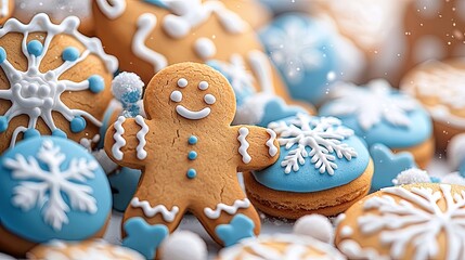A gingerbread man stands among various cookies decorated with blue frosting and snowflake designs, creating a festive holiday scene.