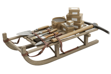 Wooden sled with moving boxes and construction equipment isolated on transparent background