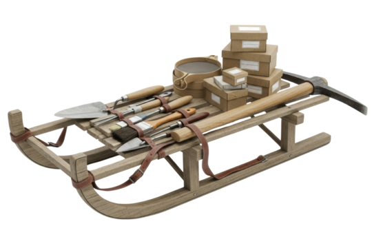 Wooden sled with moving boxes and construction equipment isolated on transparent background