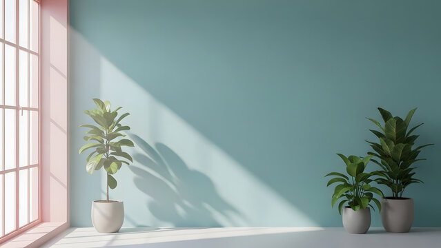 Minimalist interior with plants and sunlight casting shadows on a teal wall