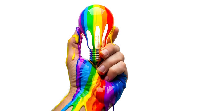 創造性を掴み取る手と溢れ出すアイデア 電球から滴り落ちる虹色のペンキとアート