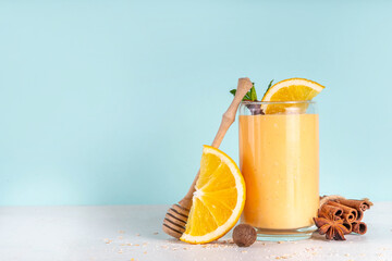 Autumn winter spicy fruit smoothie set. Various flavor tasty smoothie drinks in 3 glasses with...