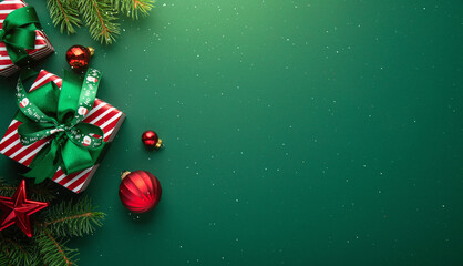 Merry Christmas and Happy Holidays greeting card, frame, border. New Year. Red Christmas ornaments...