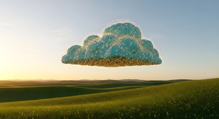 Modern cloud technology concept over rolling green hills at sunset, representing data storage, connectivity, and innovative digital solutions