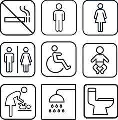 A grid of nine square icons depicting various public facility symbols including restrooms, no smoking, and baby changing stations.