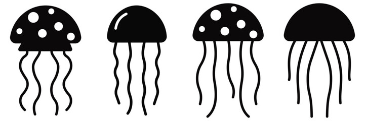 Jellyfish Silhouette Vector Set – Marine Creatures, Ocean Wildlife Icons & Diverse Tentacle
 Shapes
