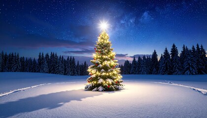 Glowing Christmas tree in snowy twilight with falling snow and mountain backdrop.