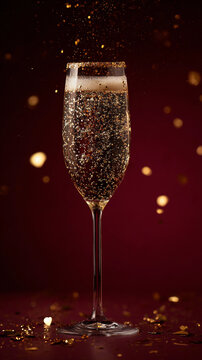 Elegant non-alcoholic champagne with glitter sparkles under festive lights. A luxurious drink captures the glamour of holiday celebration. Perfect for refined, alcohol-free toasts.