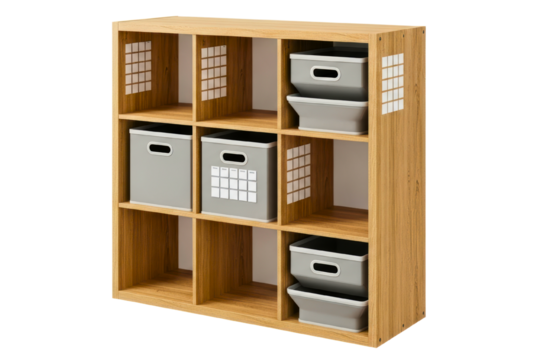 Wooden shelving unit with grey storage boxes and compartments isolated on transparent background