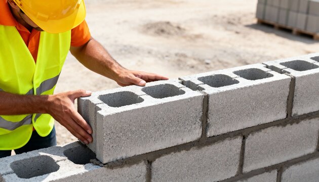 Construction worker gently fitting together lightweight aerated hollow building blocks in a medium shot illustrating ergonomic handling and simple interlocking mechanics.