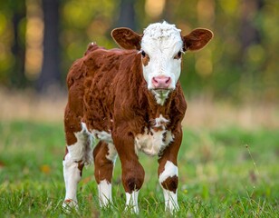 Calf stands in a grassy field with blurred trees in the background, looking directly at the viewer with curiosity