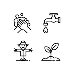 Hygiene, Water & Farming Line Icon Set &ndash; Minimal Black Vector Illustrations of Handwashing, Water Tap, Scarecrow, and Plant Growth.