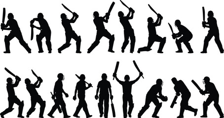 Cricket Batsman Silhouette Set Dynamic Batting Poses, Striking Shots, and Wicket Keeping Action, Sports Vector Illustration, White Background.