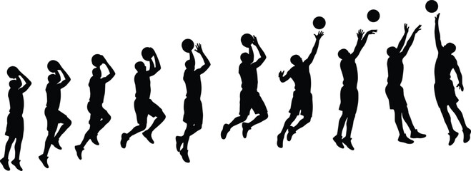 Dynamic Basketball Player Silhouette Shooting Sequence Full Motion Capture, Sports and Athletics Action, Jump Shot Trajectory, White Background.