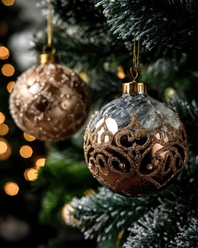 Frosted Christmas Ornaments Close-Up with Sparkling Lights