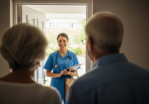 Caring nurse in blue scrubs with stethoscope and clipboard arriving at a senior couple s home for a medical visit