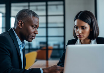 Two focused business professionals a man and a woman intently collaborating on a laptop computer in a modern office setting