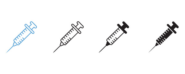 Four syringe injection icons for vaccine awareness and medical research, conveying health, wellness, and protection against illness and disease with modern design