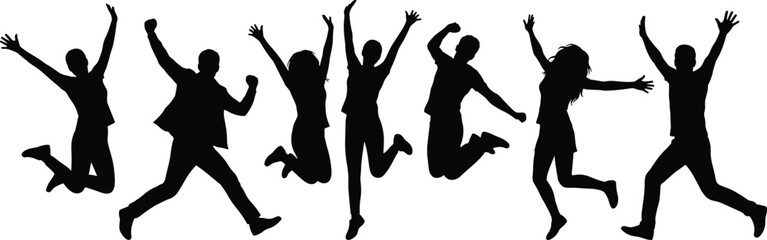 Group of Seven Diverse People Jumping High in the Air, Arms Raised, Isolated Black Silhouettes Representing Joy, Freedom, Celebration, and Achievement on White Background.