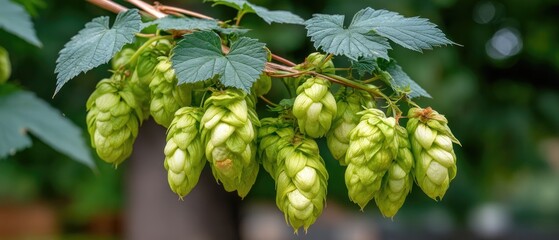 Fresh hop cones hanging on a vine in a lush garden during summer, showcasing their vibrant green color and natural beauty