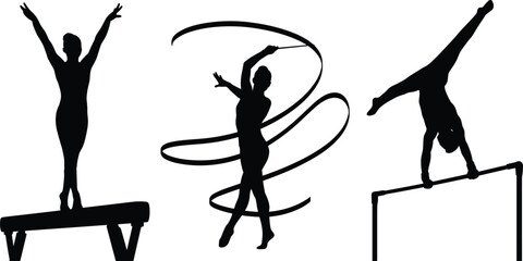 Silhouette Gymnastics Collection Female Athletes Performing Vault, Rhythmic Ribbon Dance, and Uneven Bars Handstand, Isolated on White Background for Sports and Fitness Design.