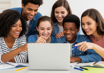 Diverse group of happy young students collaborating and learning together while looking at a laptop screen in a classroom setting