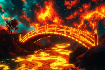 Glowing bridge spans molten gold river under a vibrant fiery sky at sunset