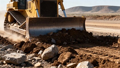 Fototapeta premium Heavy bulldozer pushing soil and debris forward to prepare construction site with raw earth and scattered rocks in an open landscape.
