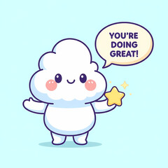 Fototapeta premium Cute kawaii cloud character holding star with positive quote “You’re Doing Great”, pastel motivational print, adorable encouragement clipart for stickers, cards, and wall art